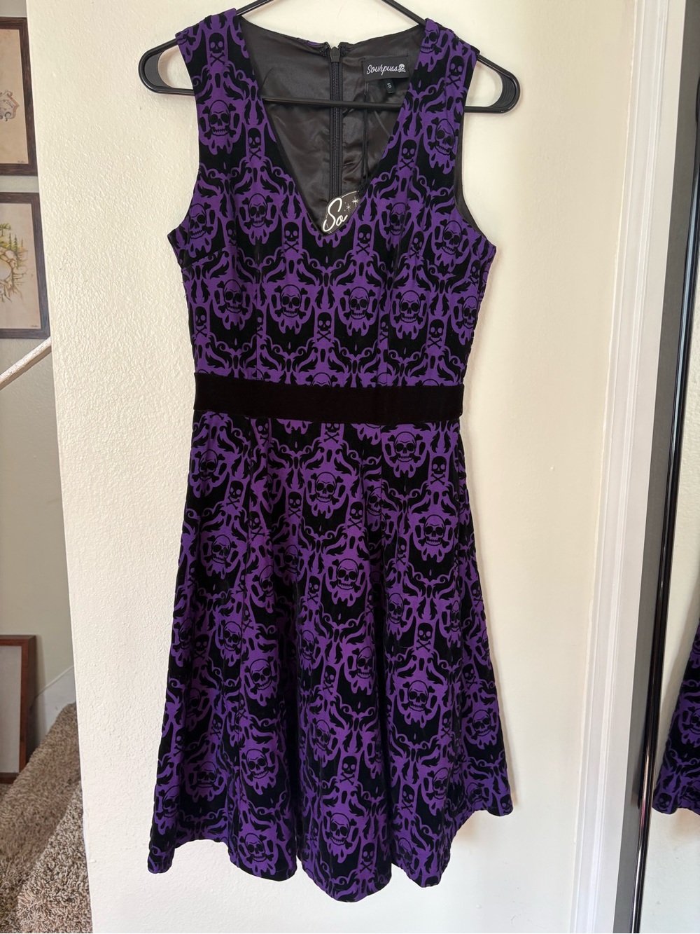 Sourpuss Spooky Damask Purple Dress Halloween Bats Skulls Goth Pin Up Small NWT